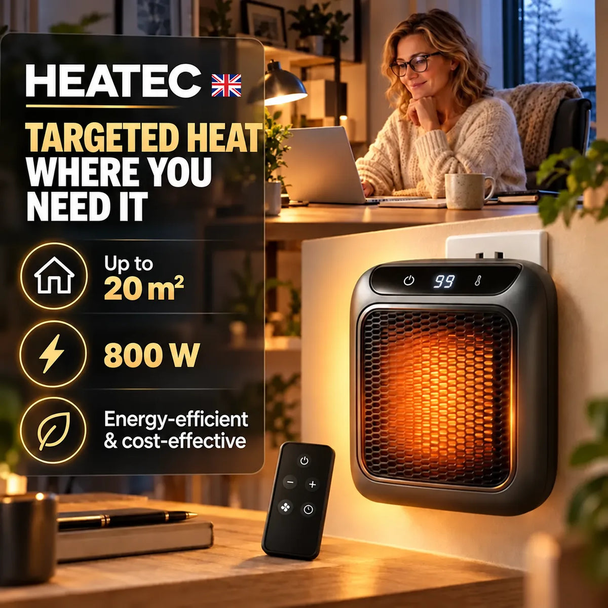 HEATEC – Energy-Efficient Portable Comfort Heater with Powerful Heating Performance & Safety System, No Installation Required | Up to 20 m²