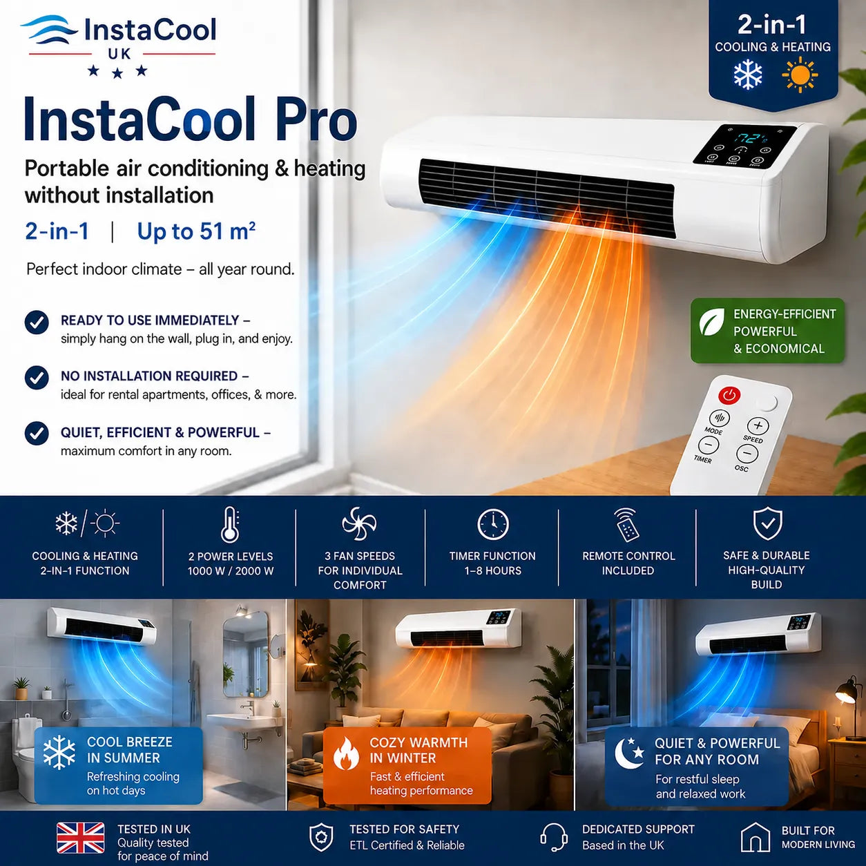 InstaCool Pro - Portable Air Air Cooler & Heater – No Installation Required | 2-in-1 | Covers Up to 51 m²